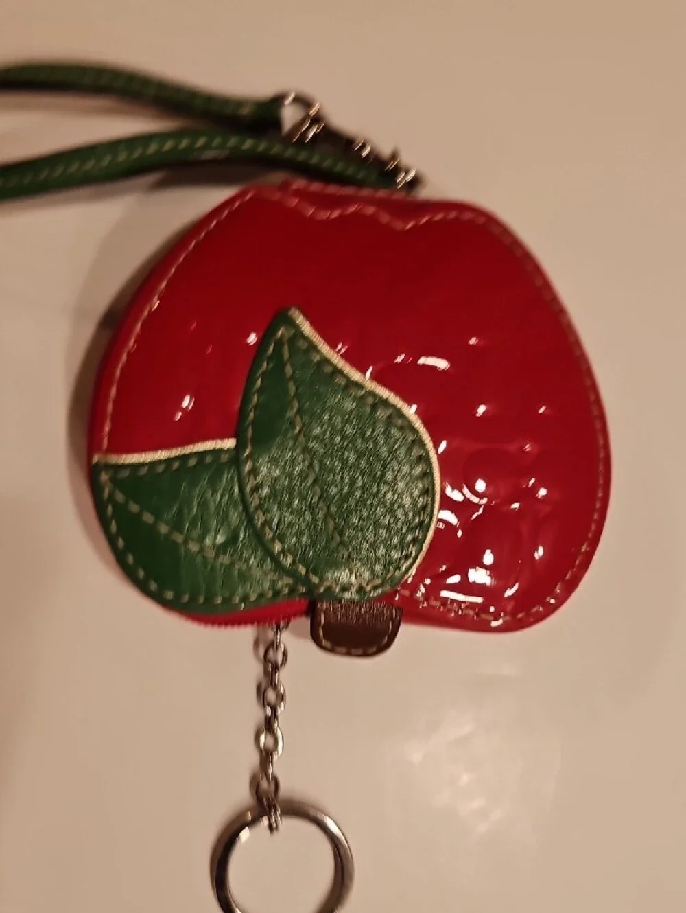 COACH RED PATENT LEATHER APPLE COIN PURSE, KEYCHAIN, WRISTLET.